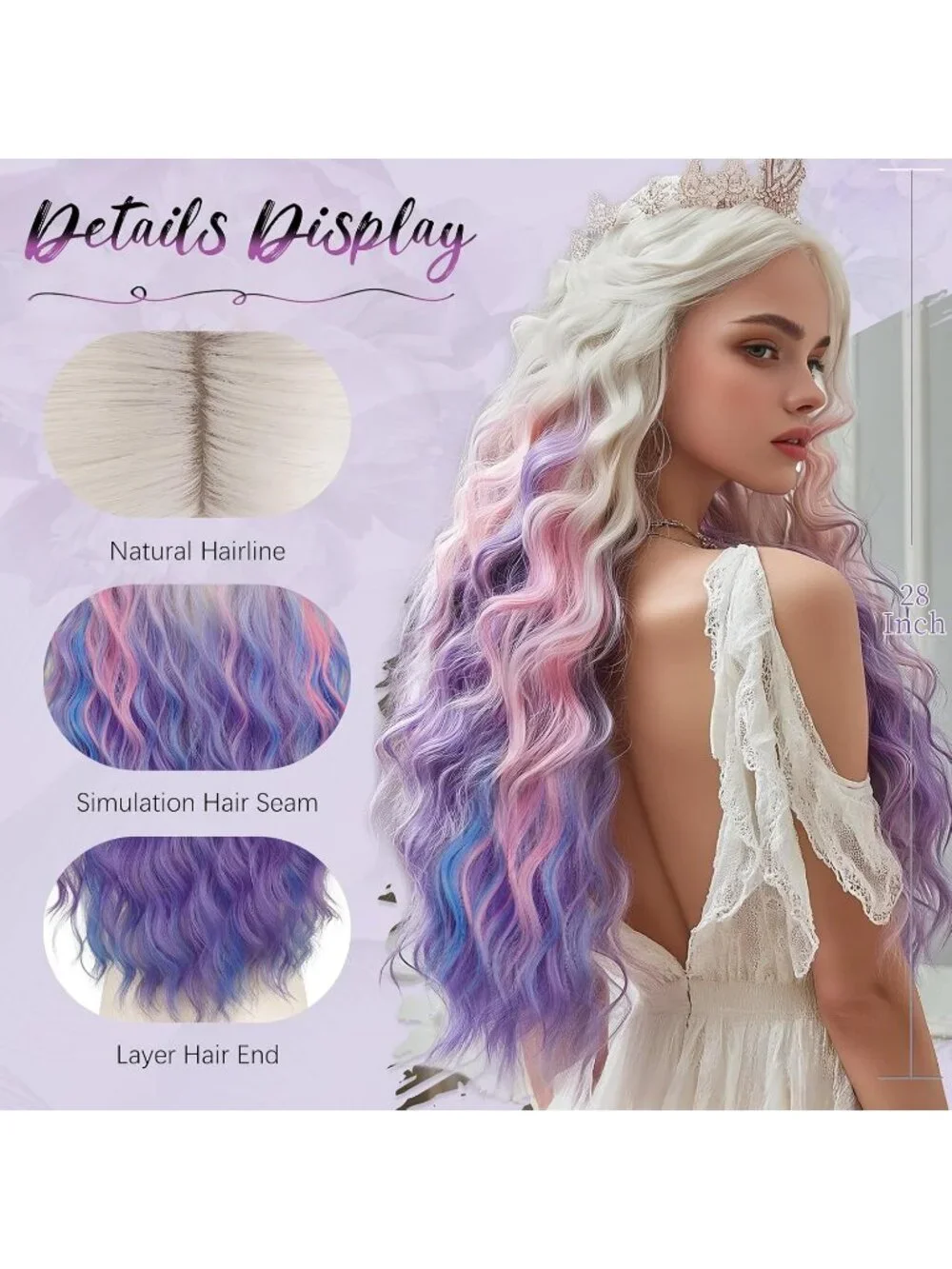 Women's Rainbow 28 Inch Lace Front Soft Synthetic Long Wavy Curly Wigs